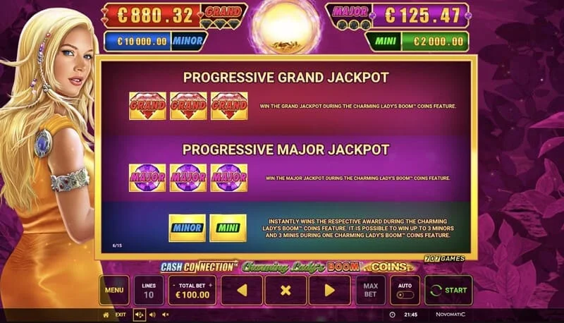 Cash Connection - Charming Lady's Boom Coins - tabela Jackpotów Mini, Minor, Major i Grand